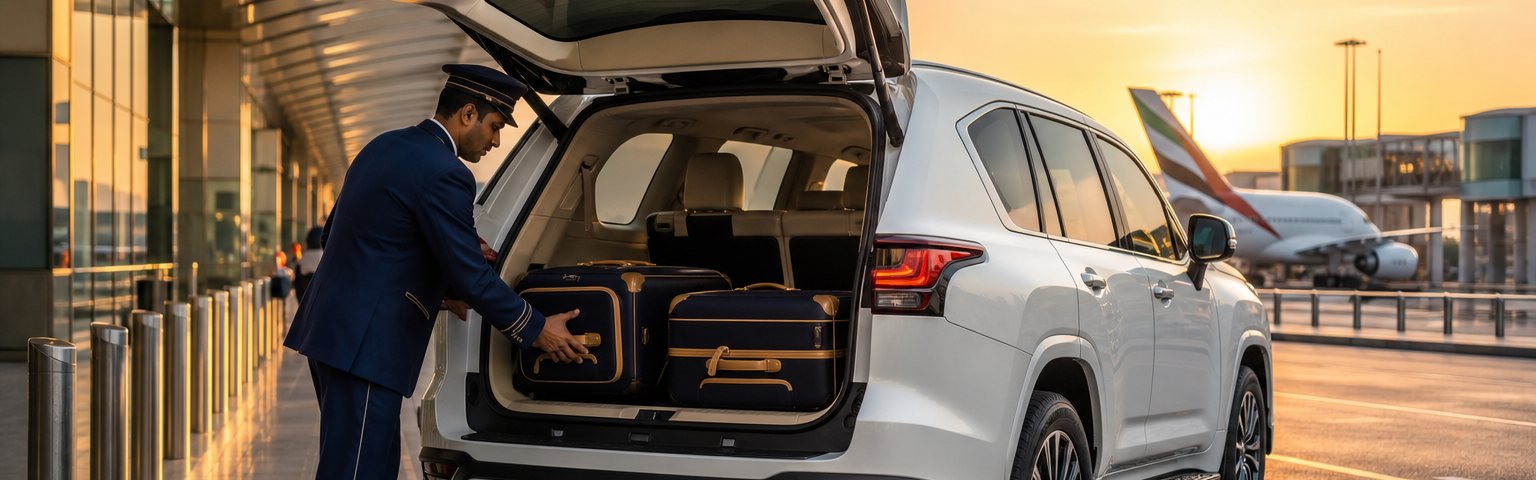 Airport arrivals transfer — chauffeur loading luggage into a luxury SUV at Dubai airport.
