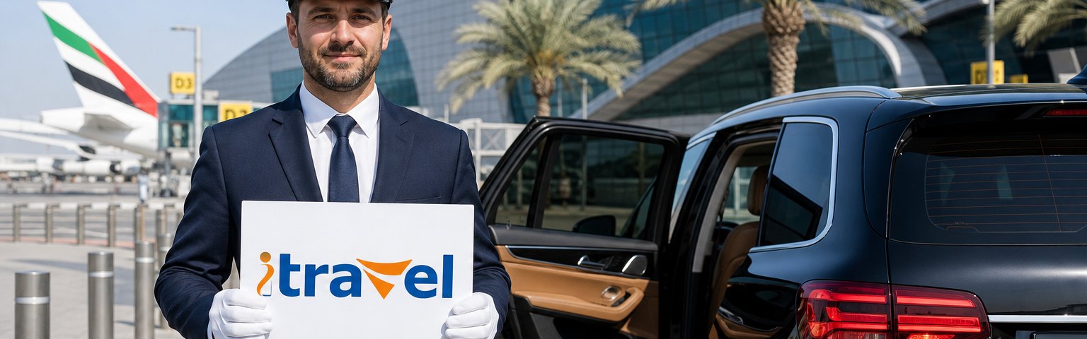 Private airport transfer in Dubai — chauffeur meet and greet with the itravel logo on the name sign.