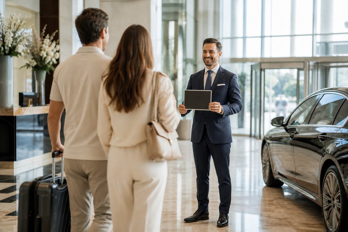 Chauffeur meeting guests with luggage at airport arrivals